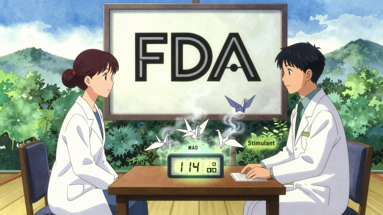 A psychiatrist and patient in a Japanese garden with a paper crane countdown clock marking the 14-day washout period.