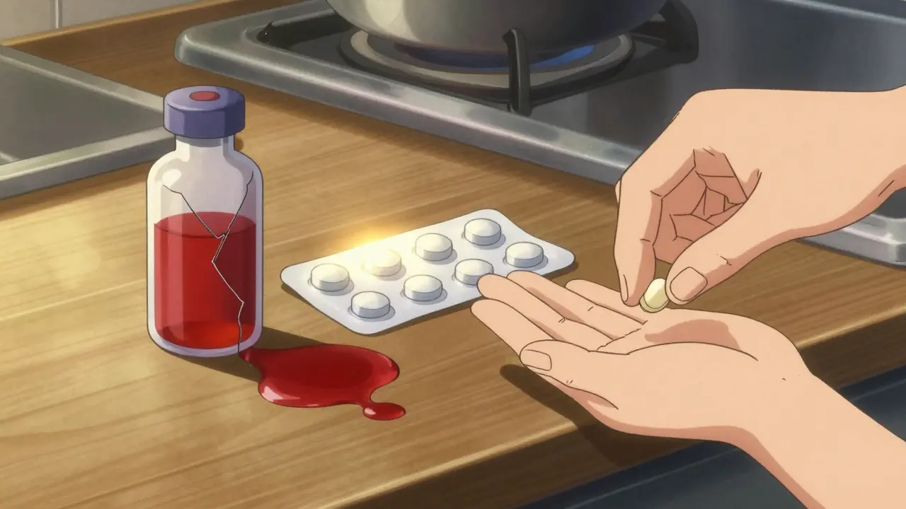 A spilled liquid medicine bottle next to a glowing tablet pack on a wooden counter, symbolizing the shift to solid pediatric medications.
