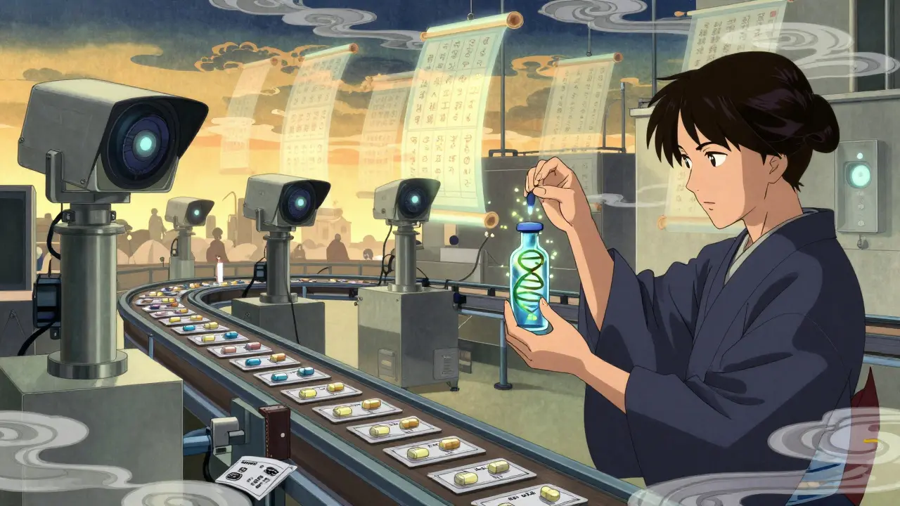 AI cameras scan medicine packages in a factory as floating blockchain ledgers and DNA markers glow softly in ukiyo-e inspired lighting.