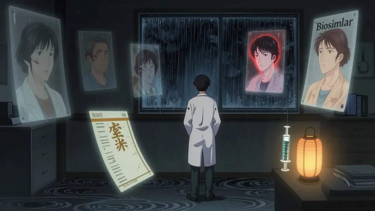 An oncologist faces a choice between brand and biosimilar prescriptions, surrounded by floating patient portraits fading in and out.