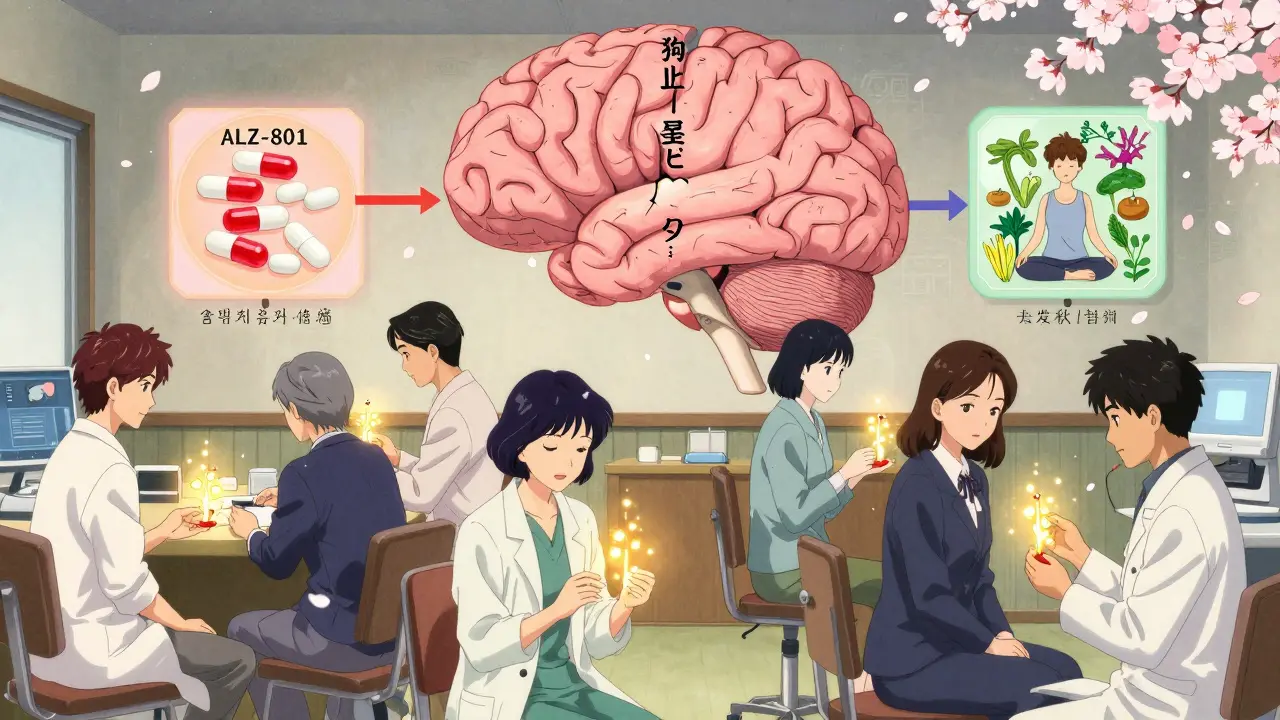 Diverse patients receive blood tests that reveal personalized Alzheimer’s treatment paths.