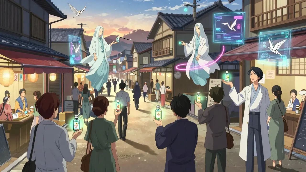 Diverse people receiving glowing medication vials from pharmacist spirits on paper cranes in a hybrid traditional-futuristic marketplace.