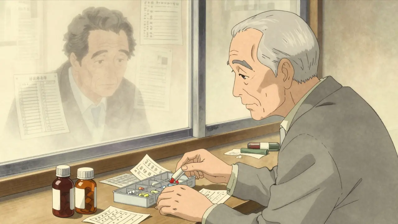 Elderly man surrounded by unlabeled pills and expired medications