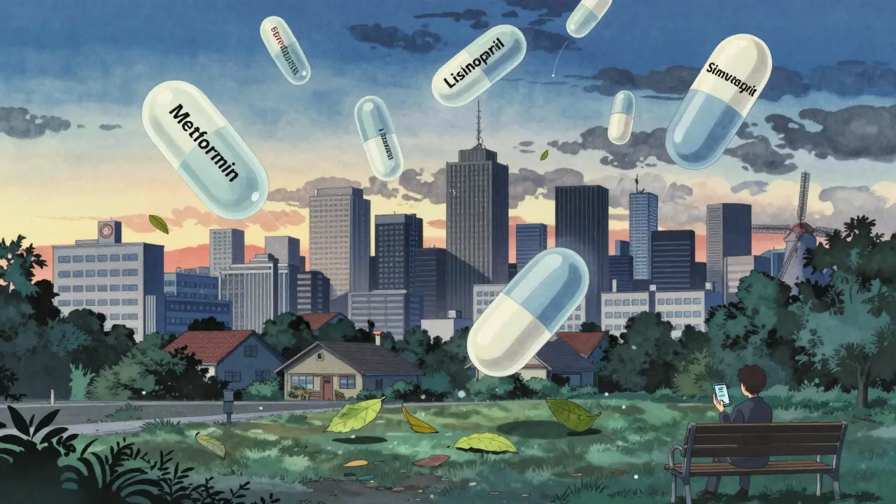 Giant generic pills float like leaves over a city skyline, symbolizing widespread prescription savings.