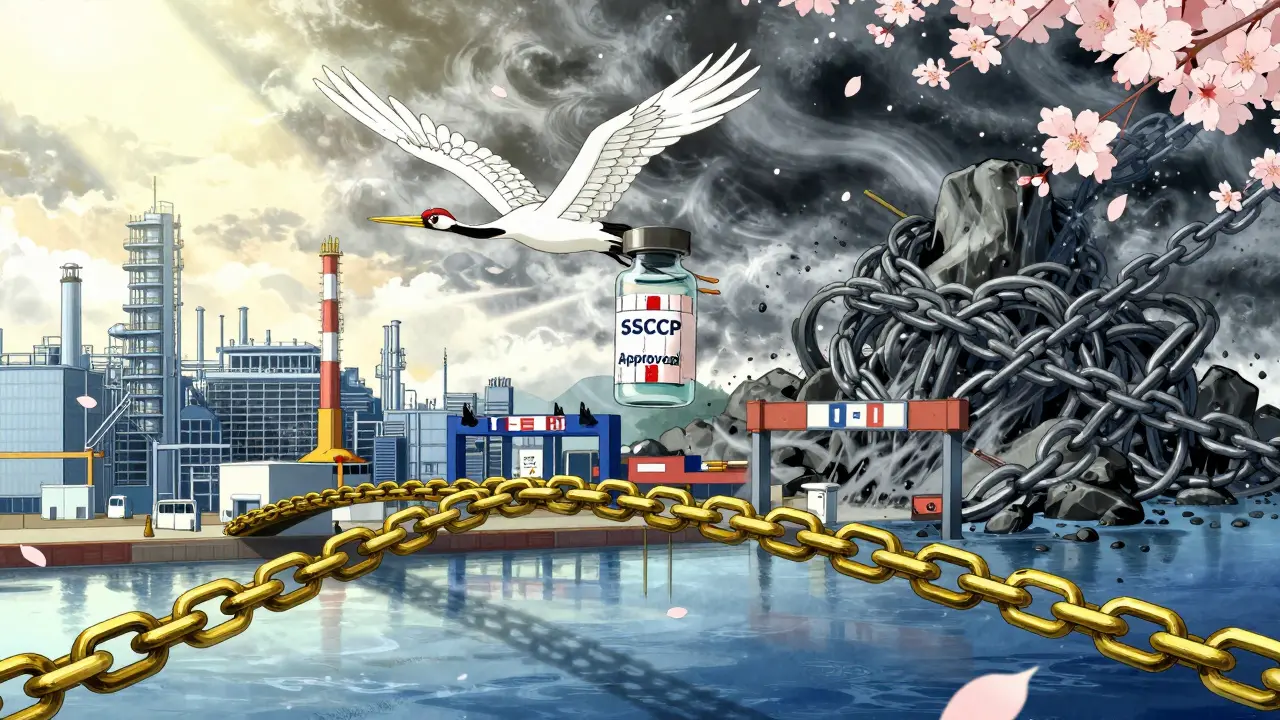 Golden bridge of compliance with a crane carrying approved insulin, contrasting stormy chains of non-compliant manufacturers.