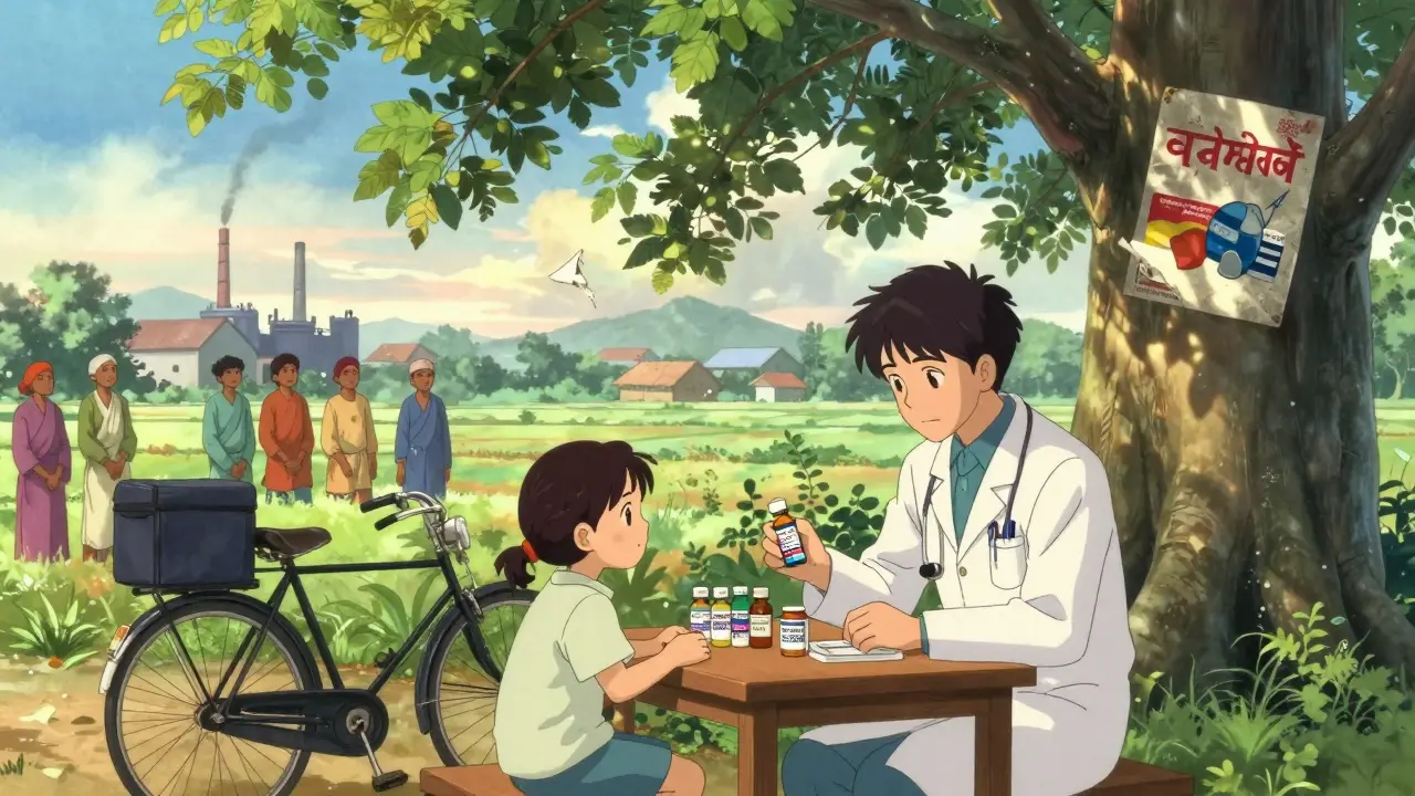 Indian doctor prescribing generic insulin to child under a tree in rural village clinic.