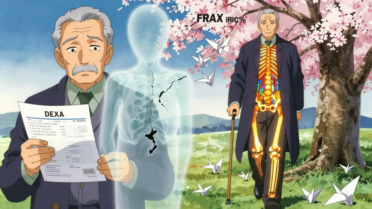 Man holding DEXA report with ghostly fracture and FRAX cranes in ukiyo-e anime style