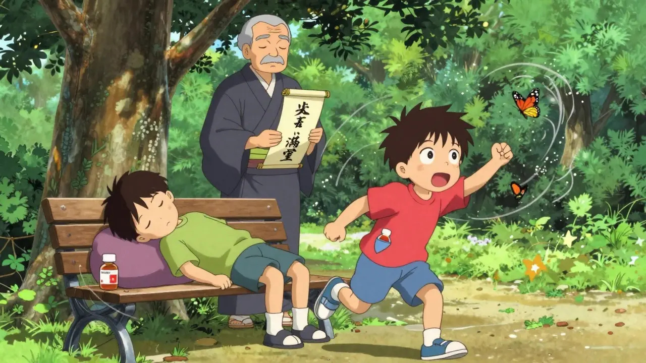 One child sleeps with cetirizine, another plays with fexofenadine in pocket, pollen spirits swirl around them in a peaceful park.