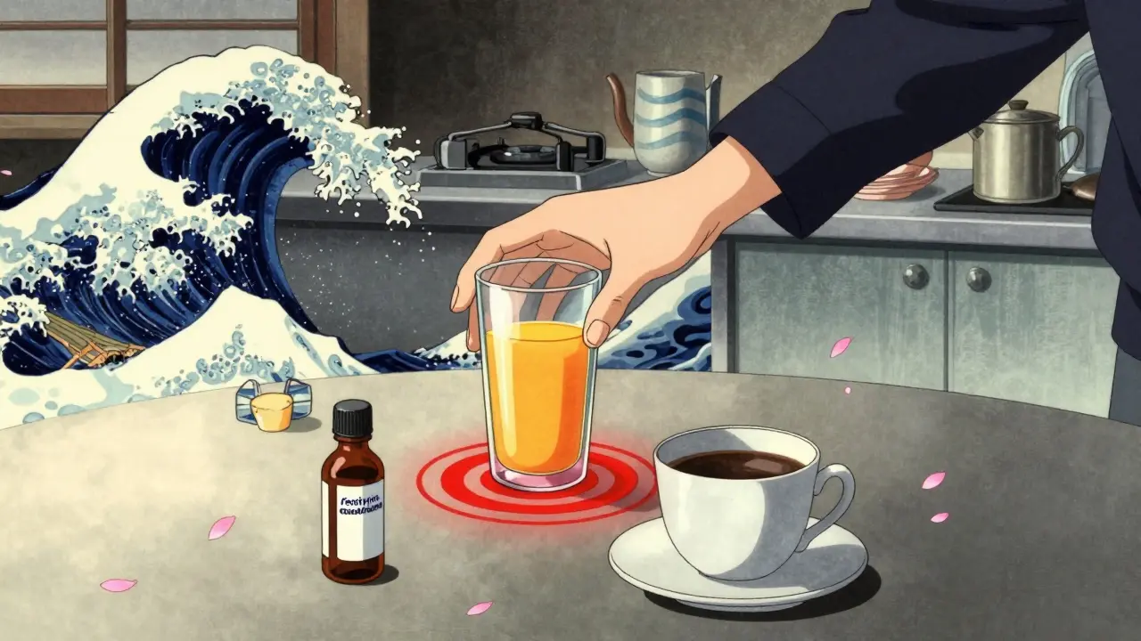 Orange juice causes a warning ripple near fexofenadine, while cetirizine sits peacefully with coffee on a breakfast table.