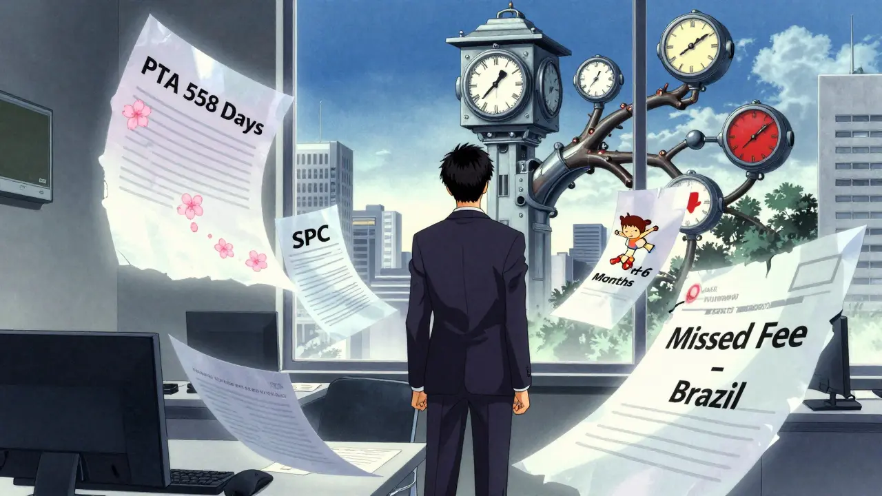 Patent attorney surrounded by floating documents and clocks representing global patent delays and deadlines.