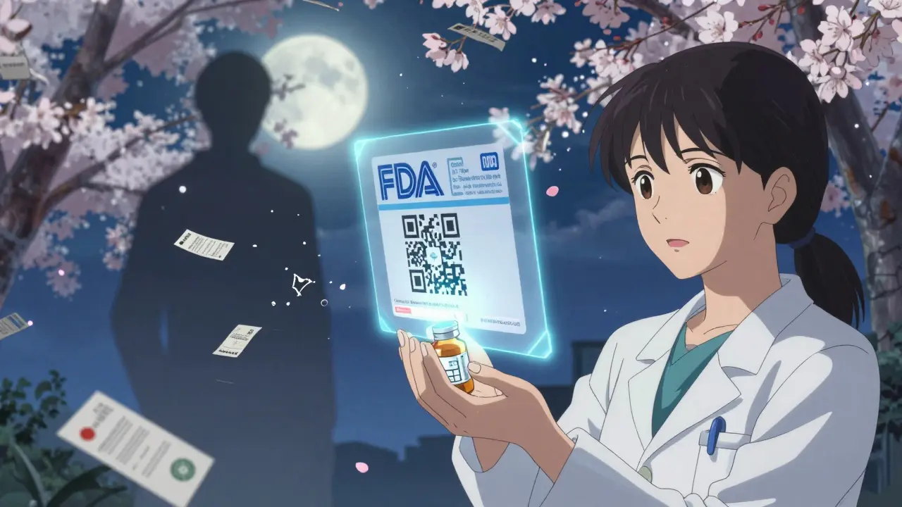 Patient holding pill bottle with glowing QR code projecting FDA label, outdated labels fading in background.