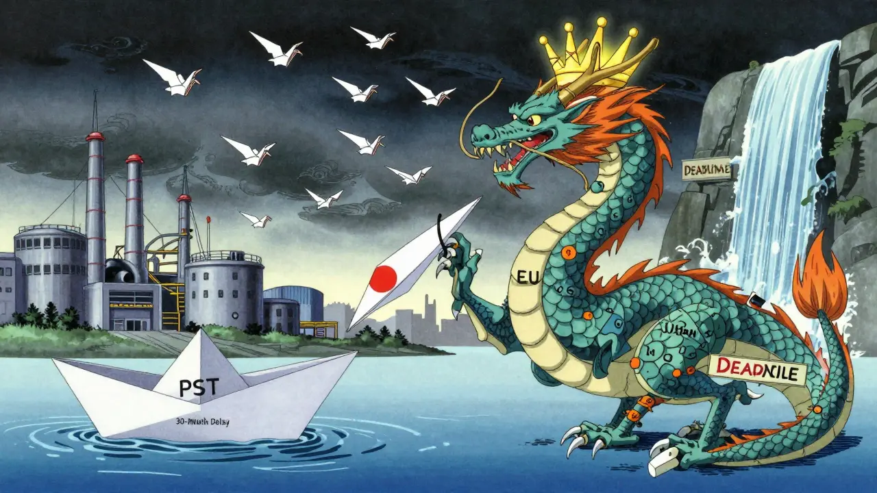 Pharmaceutical dragon with country-specific extensions and utility model cranes flying nearby in anime style.