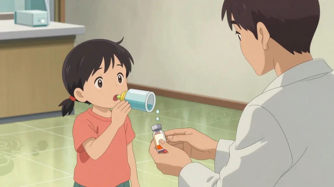 Pharmacist giving mini-tablets to a parent while a child swallows one using the pop-bottle method.