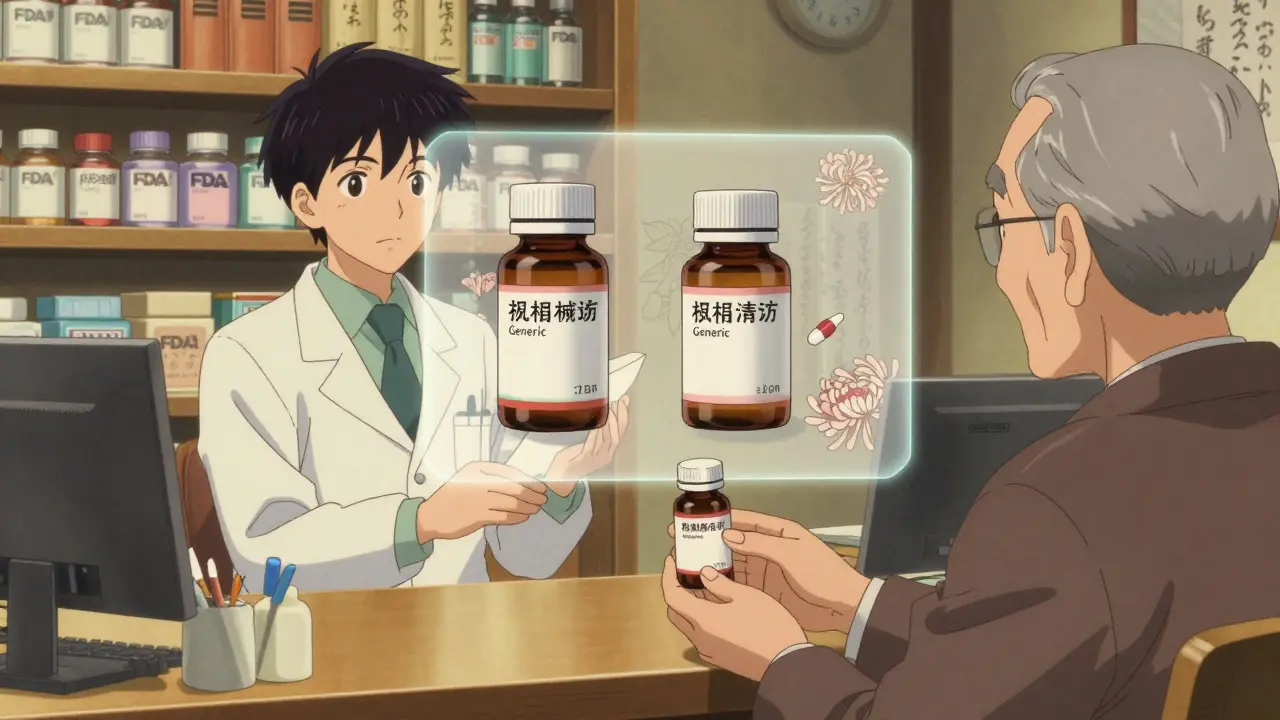 Pharmacist handing an authorized generic pill bottle to an elderly patient, translucent pill overlay visible.