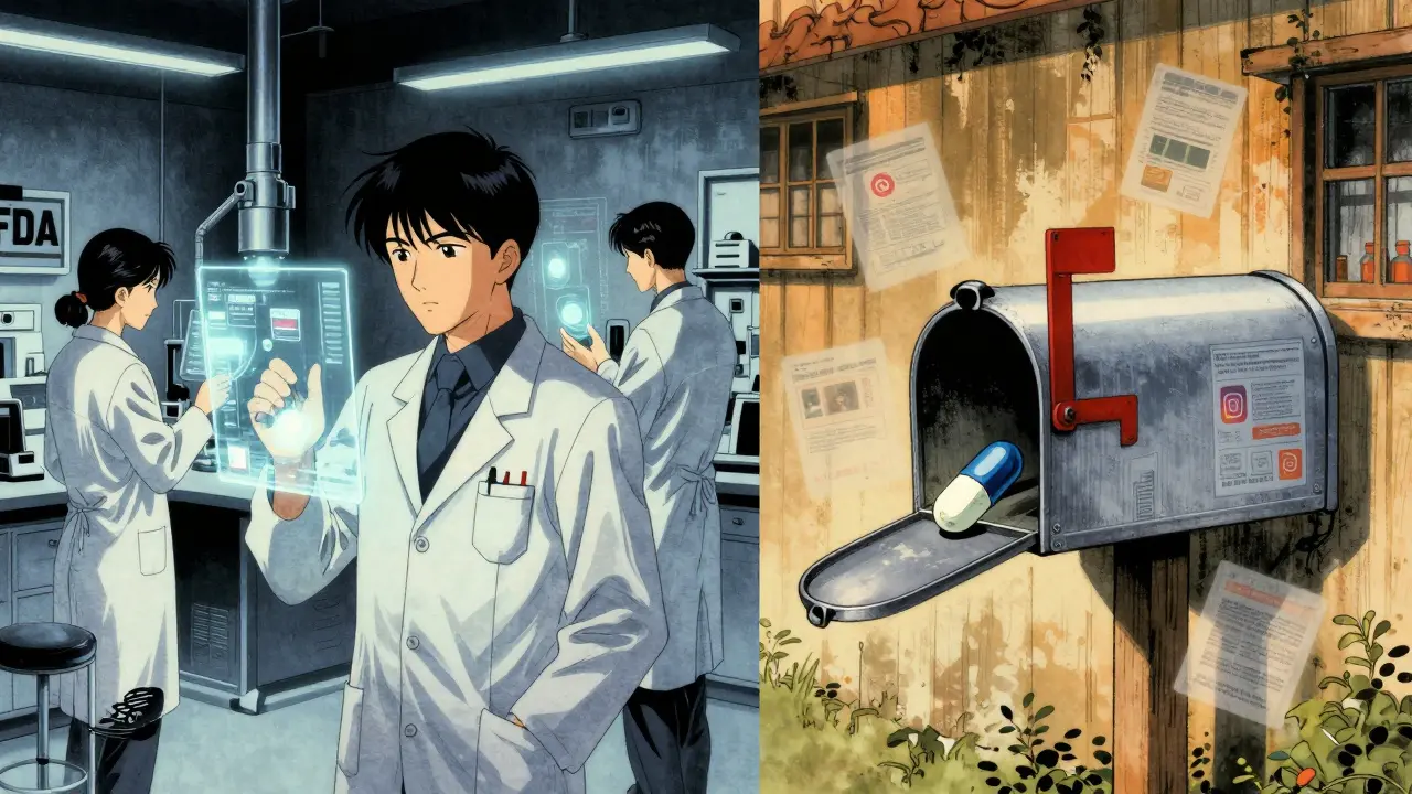 Split scene of FDA lab analyzing drugs and a pill slipping into a mailbox, blending tech and stealth in ukiyo-e anime style.
