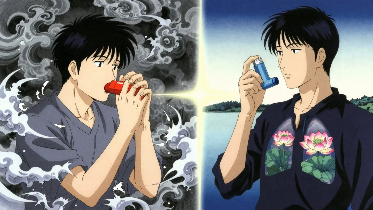 Split scene: one side shows stormy distress with a red inhaler, the other calm control with a blue inhaler and lotus flowers.