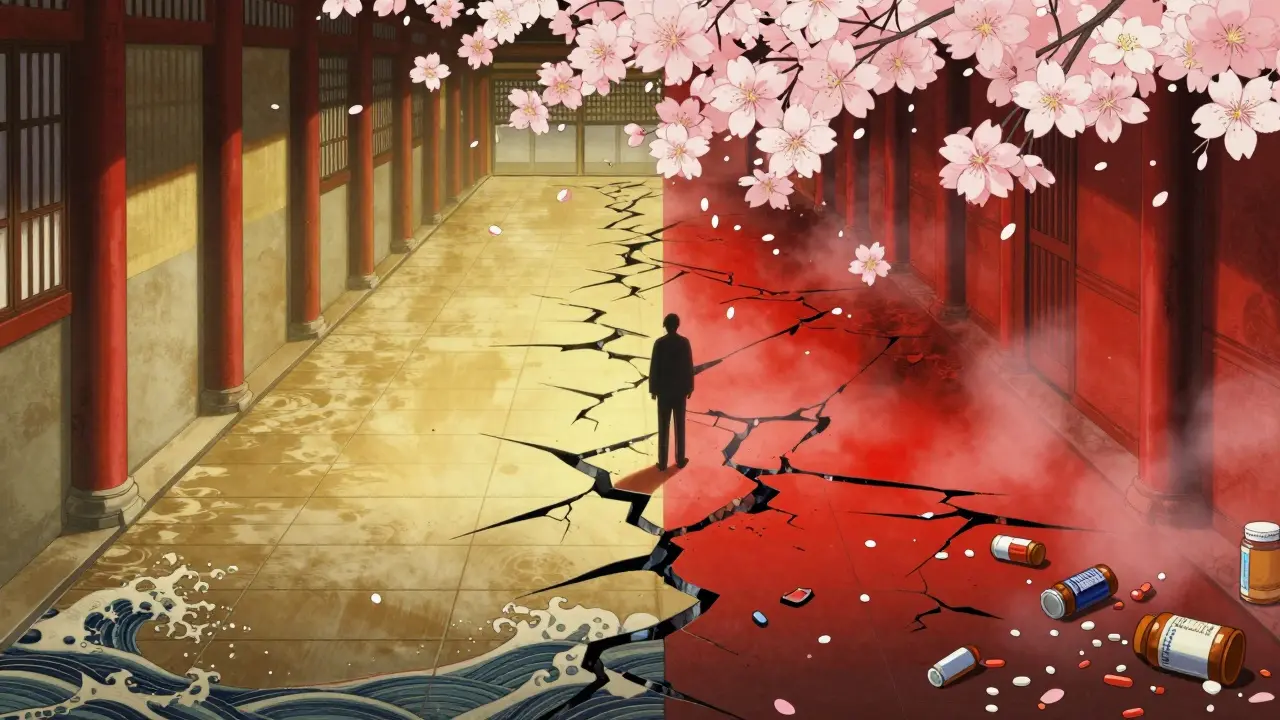 Two paths in a temple hallway: one safe with green light, the other dangerous with crimson mist and broken medication bottles.