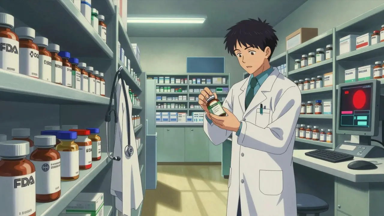 U.S. pharmacist sorting generic antibiotics with shortage alert on monitor in hospital pharmacy.