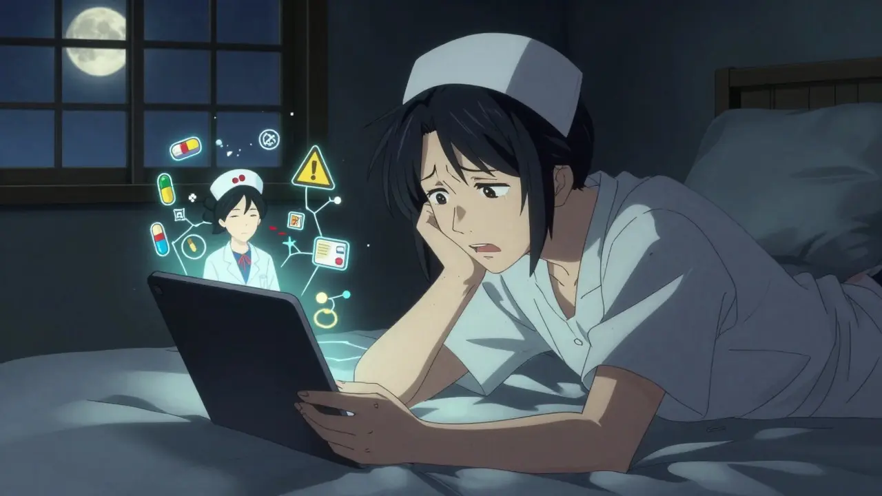 Young adult on a video call with a pharmacist at night, symbolic drug pathways glowing softly in a moonlit room.