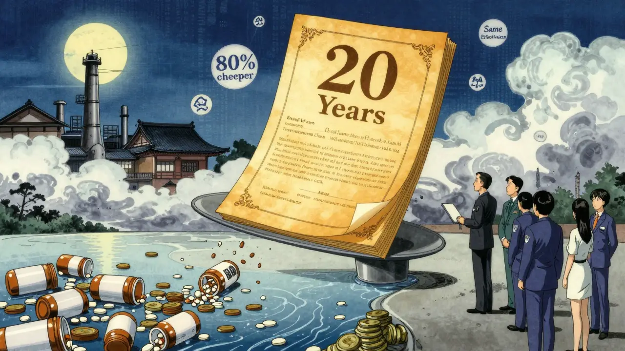 A balance scale contrasts a patent document with a river of generic pills, under traditional Japanese factory lanterns.