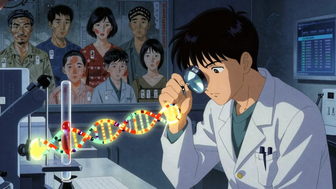 A doctor examining a glowing blood sample with pulsing gene markers, surrounded by diverse patients in an anime-style lab.