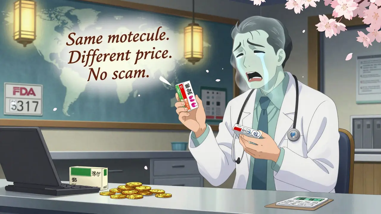 A patient holds two identical pills as a ghostly CEO sheds gold coins, with FDA inspection sites glowing in the background.