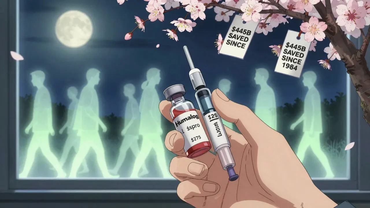 A patient holds two insulin vials—one expensive, one cheap—with thousands of free, glowing figures behind them, under a moonlit cherry branch.