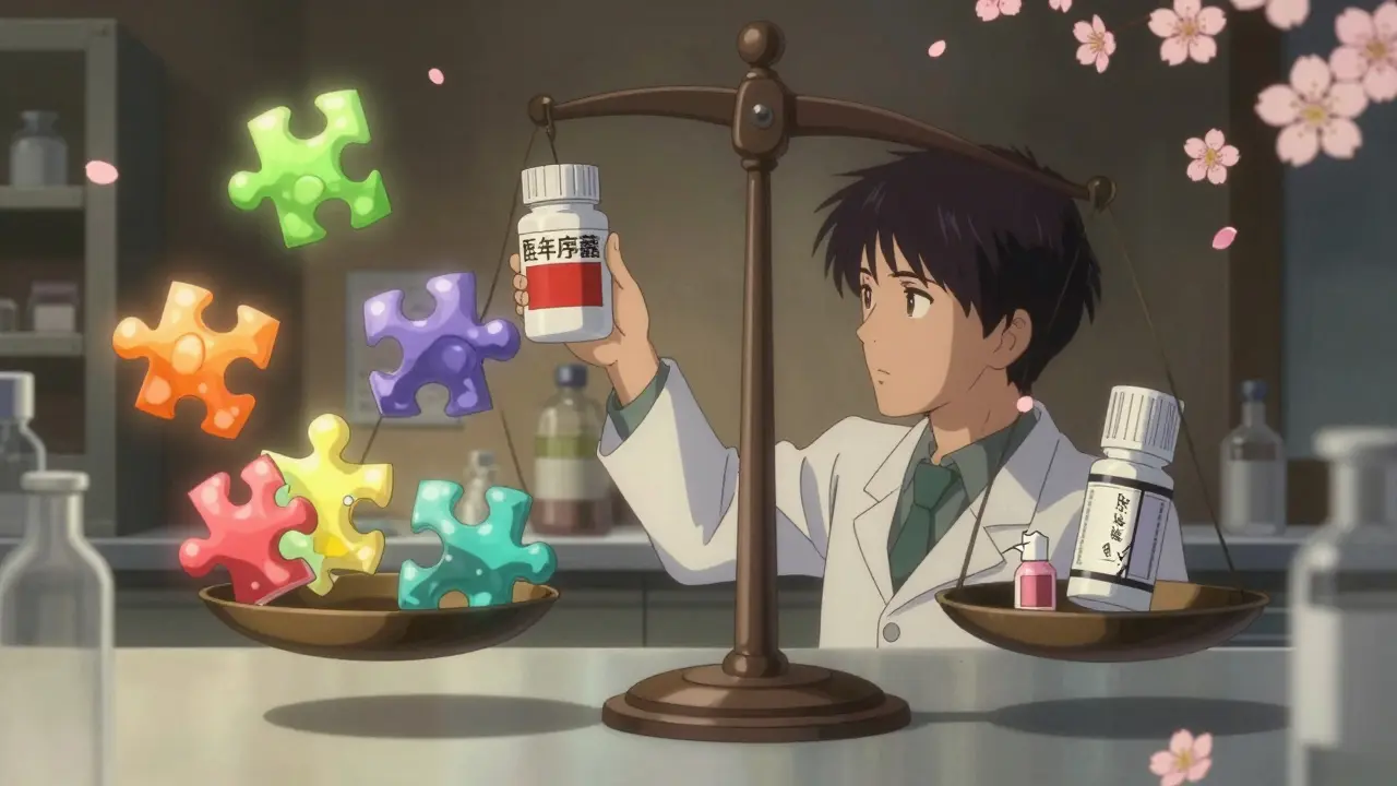 A scientist surrounded by floating drug formulation pieces on a balancing scale.