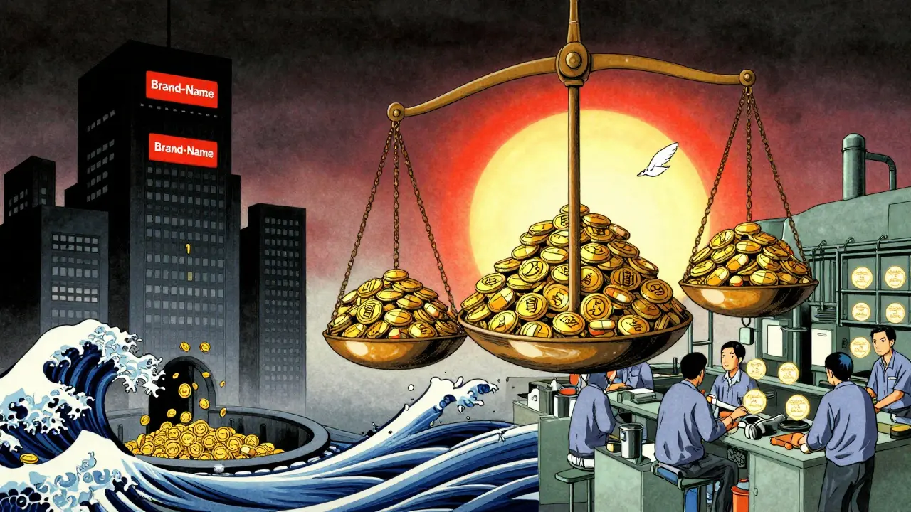 A split scene contrasts corporate greed with affordable generic drug production, set against flowing ink-wash waves and rising sun.