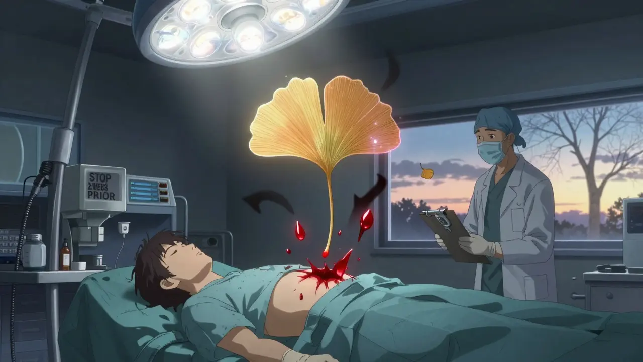 A surgical scene with a glowing Ginkgo leaf above a patient, warning of bleeding risk before surgery.