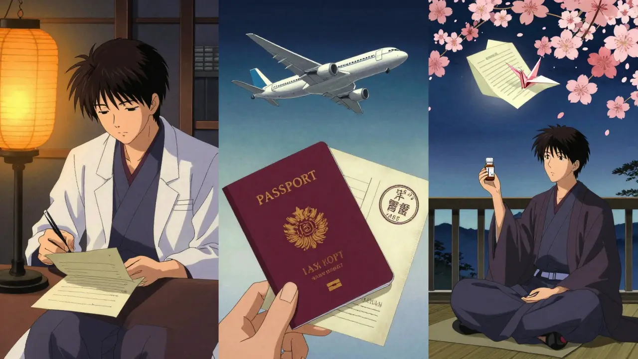 A three-panel journey showing a doctor writing a letter, an embassy stamp, and a traveler at peace abroad, framed by ukiyo-e waves and cherry blossoms.