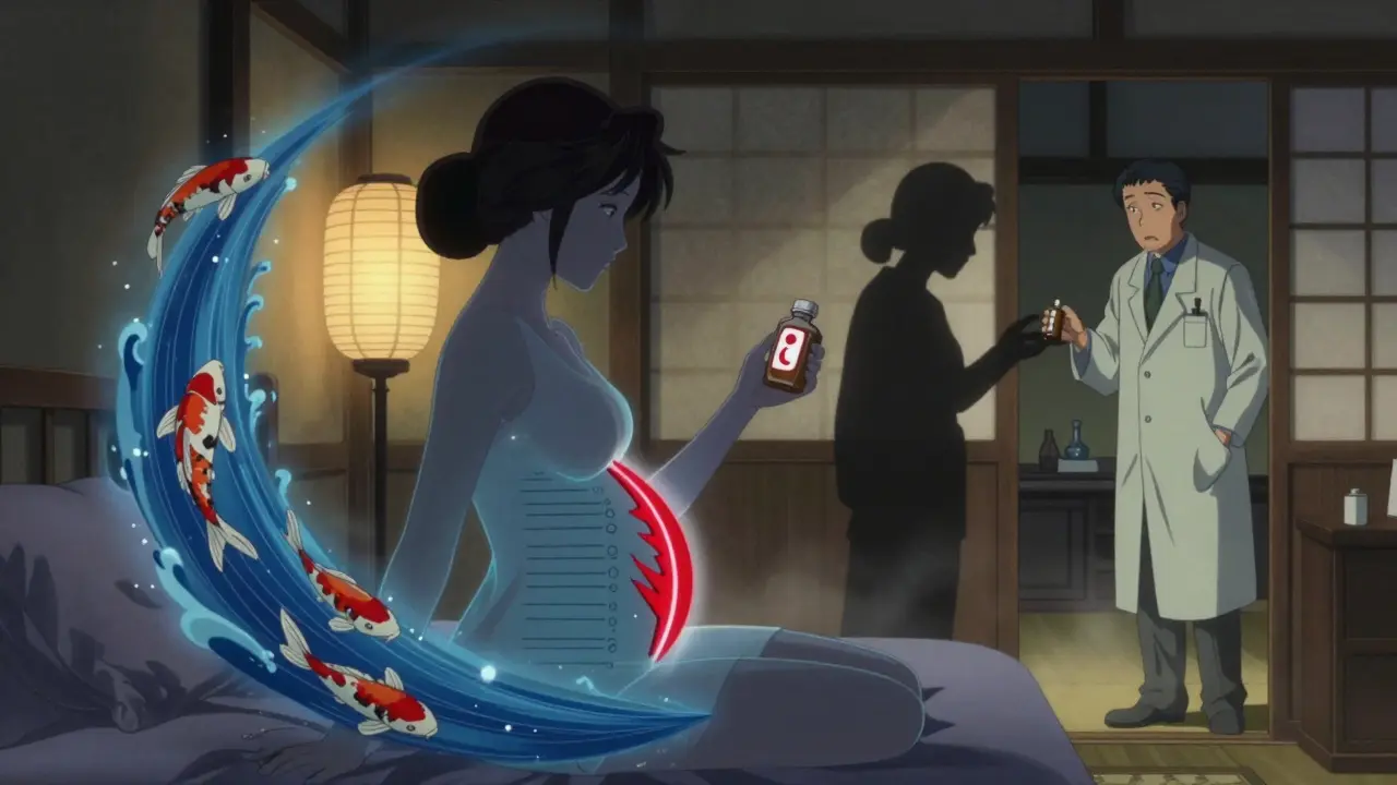 A woman with glowing hormonal cycles and unstable blood levels after switching carbamazepine generics, under soft lantern light.