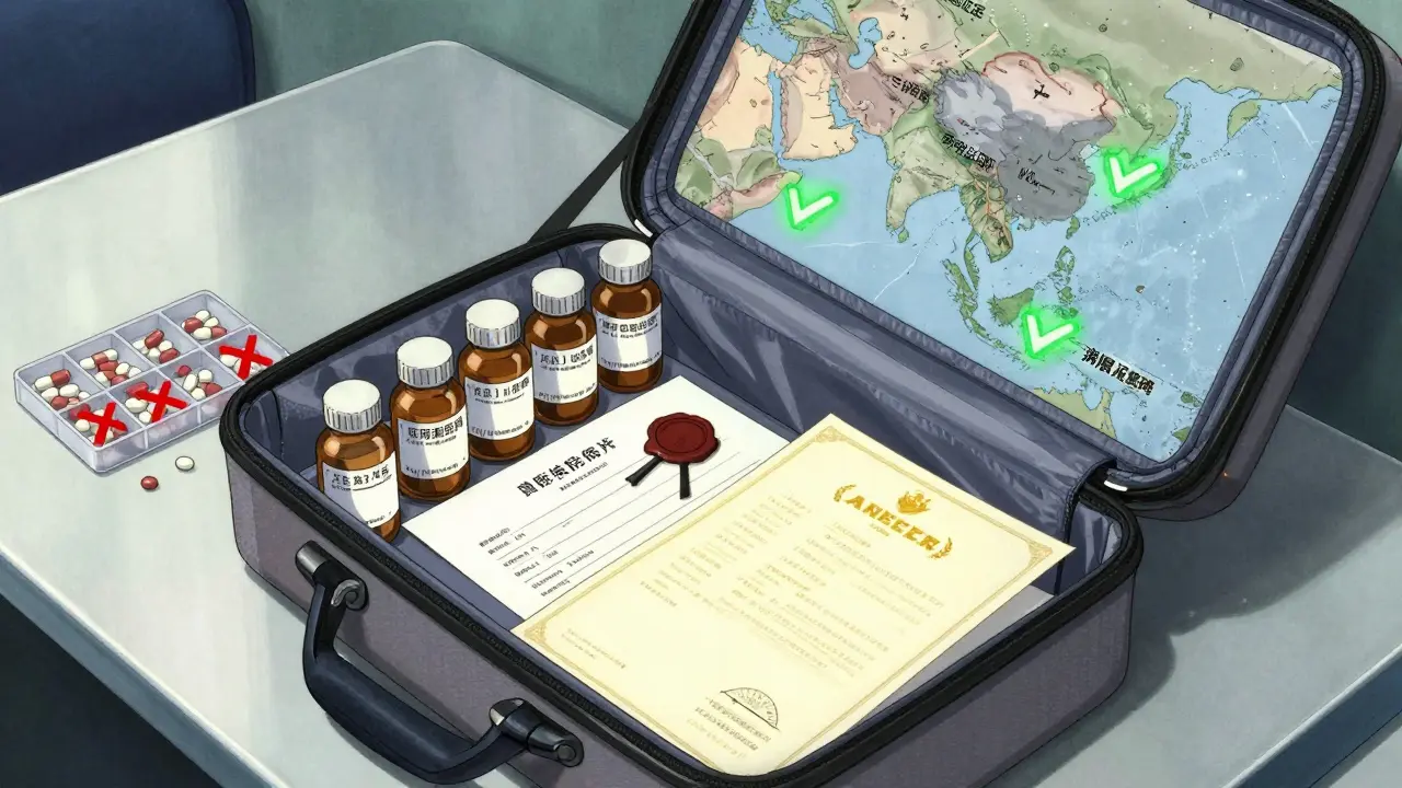 An open carry-on bag with labeled medication bottles and a notarized letter, while banned drugs are marked with red X's and embassy checkmarks glow nearby.