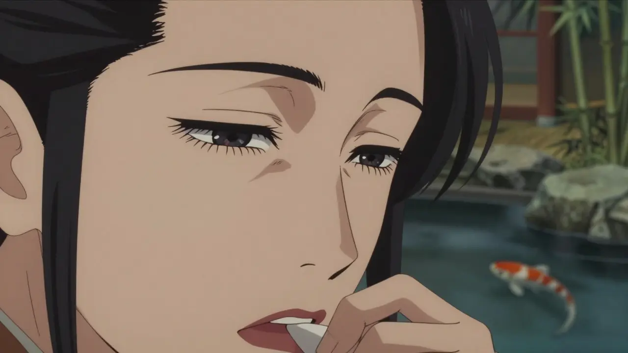 Close-up of eye with darkened iris and longer lashes next to person coughing in Japanese garden