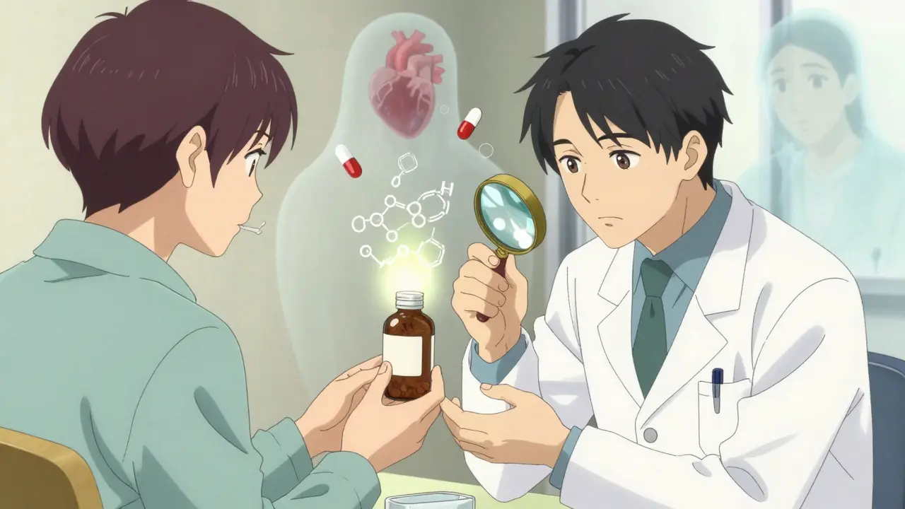 Doctor examining herbal supplement as ghostly medication figures loom in hospital setting.