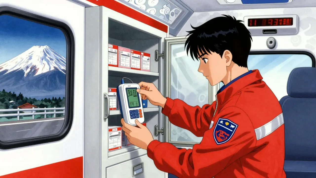 EMT checking ambulance meds cabinet temperature, Mount Fuji visible