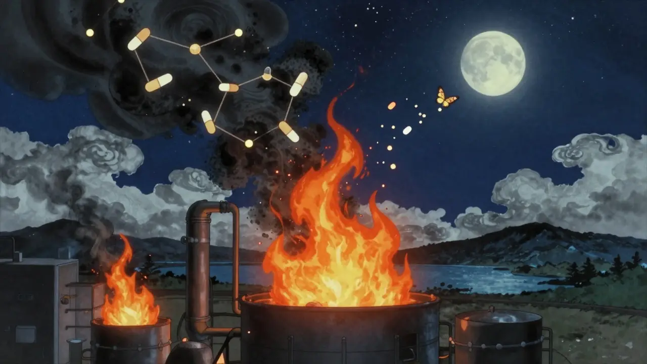 Medications incinerated into glowing ash that transforms into butterflies under a starry night sky.