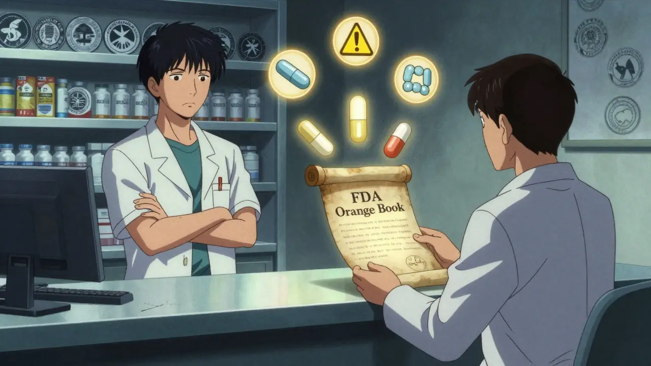 Patient and pharmacist at counter, glowing FDA Orange Book scroll with warning icons for narrow therapeutic index drugs.