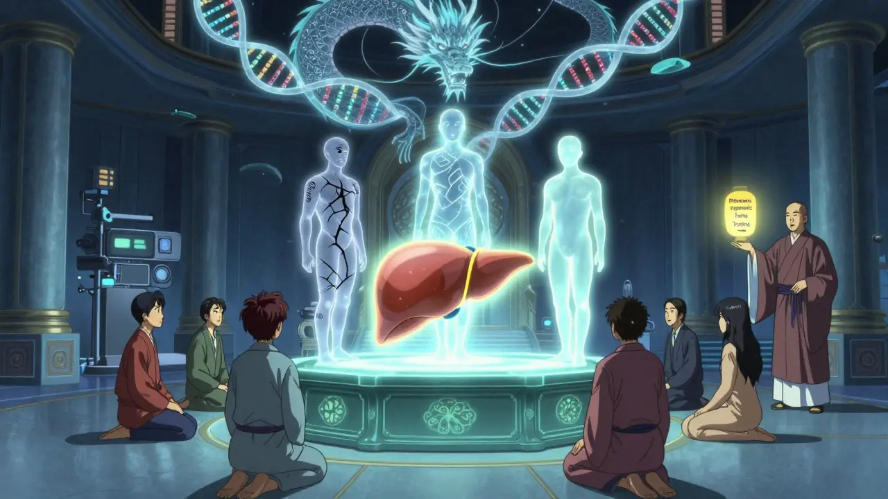 Patients before a liver altar with three statin spirits, a DNA dragon, and a lantern for genetic testing.
