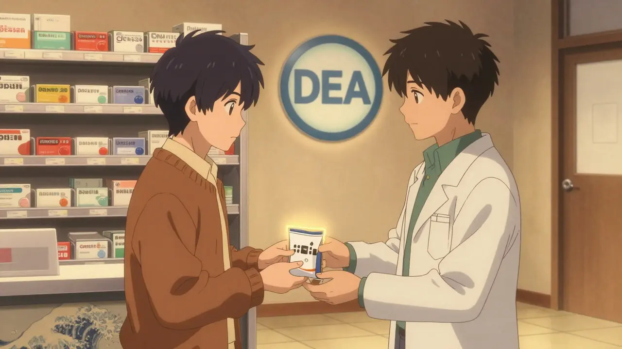 Pharmacist accepting sealed medications at a drop-off kiosk, glowing symbols in the background.