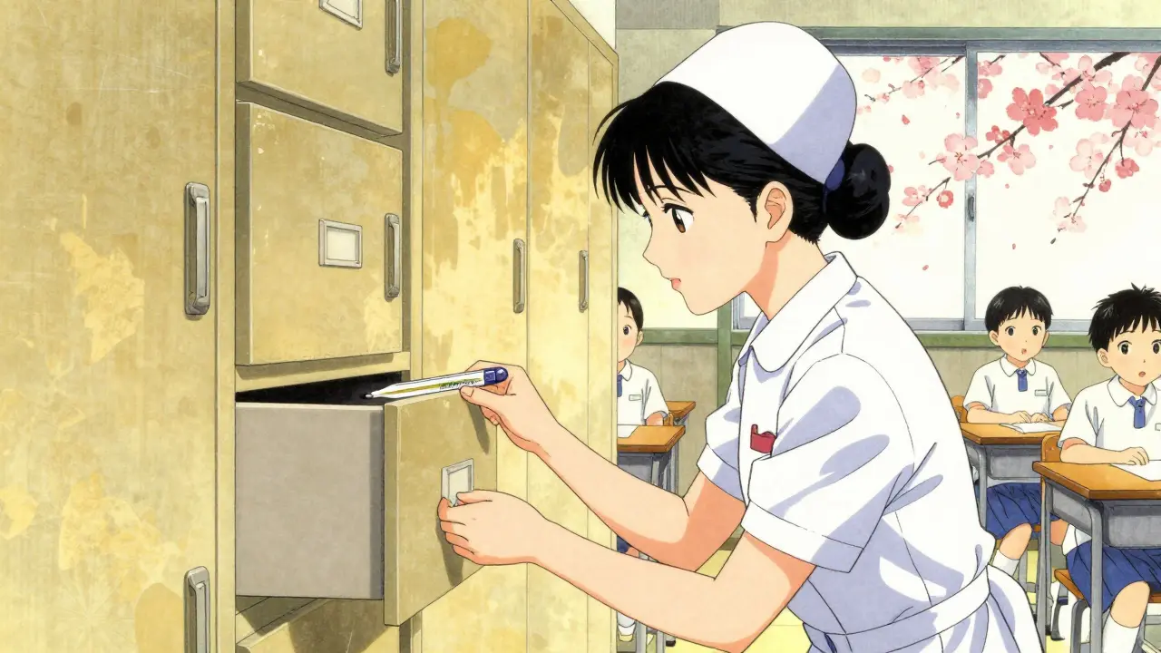 School nurse accessing locked meds drawer with thermometer, children at desks