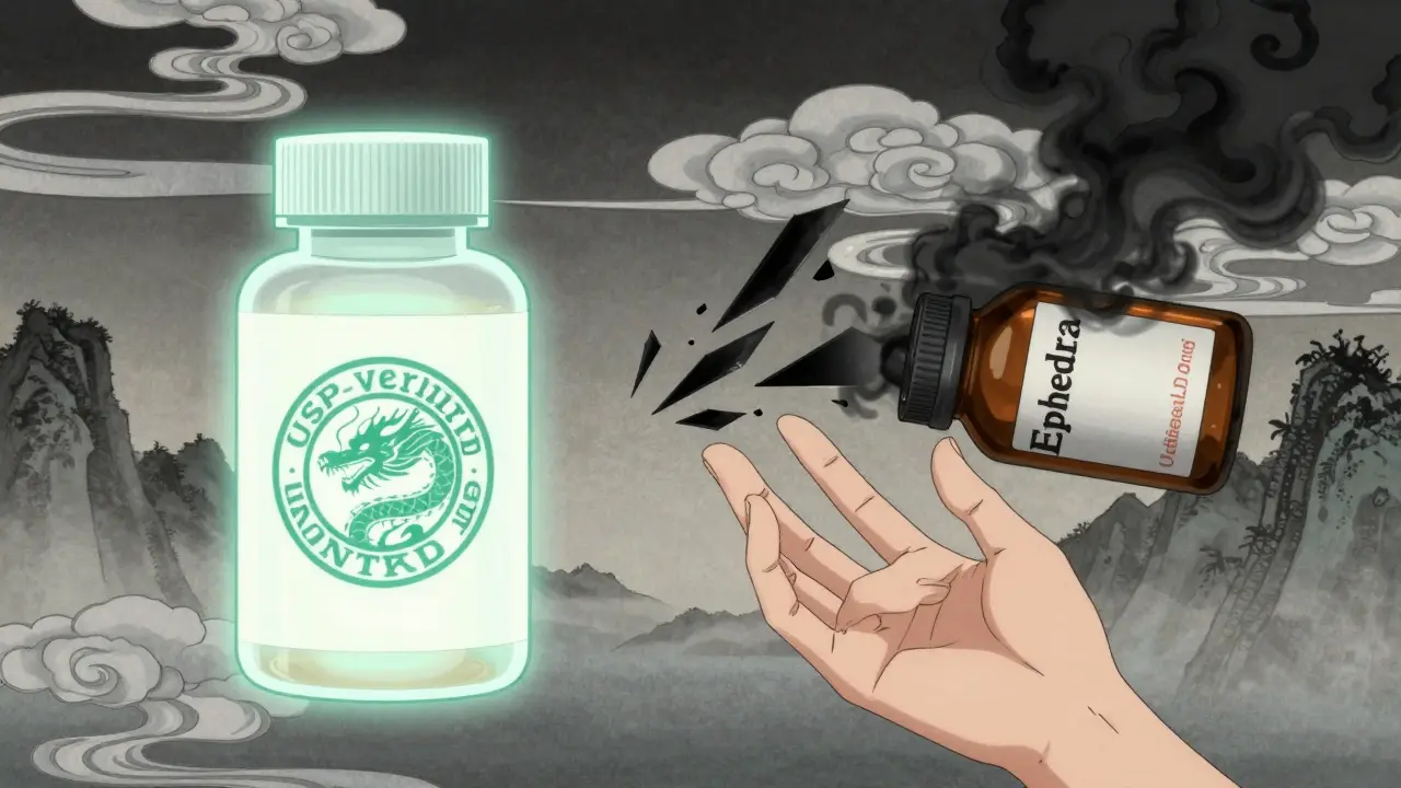 Split scene: safe verified supplement vs. dangerous counterfeit with smoke and shards.
