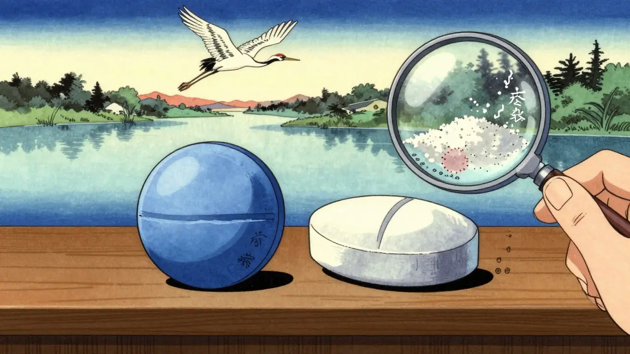 Two pills side by side with invisible identical cores revealed by a magnifying glass, ink-wash background showing inactive ingredients.