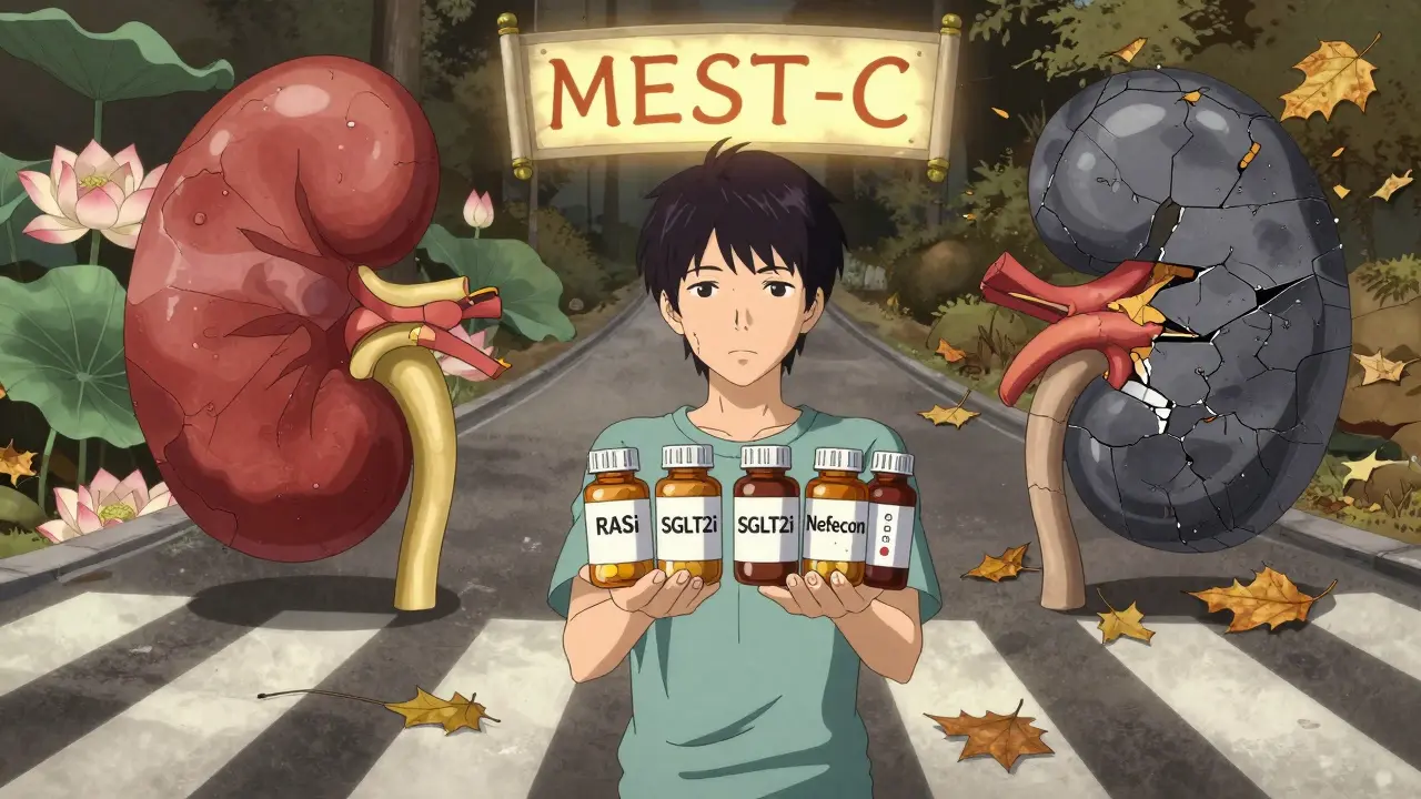 Young patient at a crossroads between healthy and damaged kidneys, holding four medication bottles with a glowing MEST-C score.