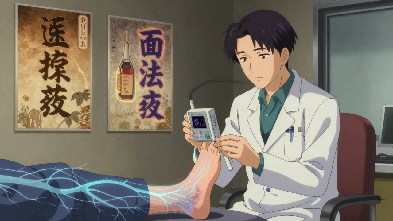 A doctor uses a small device to detect early nerve damage, with drug names shown as glowing kanji symbols.