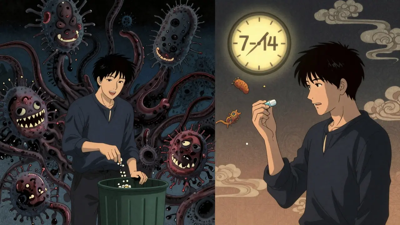 A man throws away antibiotics as dangerous bacteria grow, while another finishes his course and the bacteria vanish.