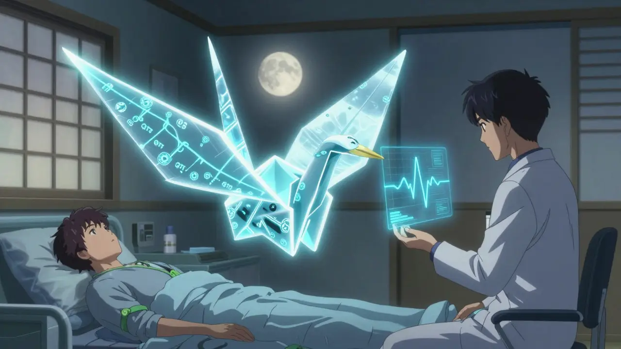 A paper crane made of QT interval data points unfolding in a hospital room, watched by a doctor under soft moonlight.