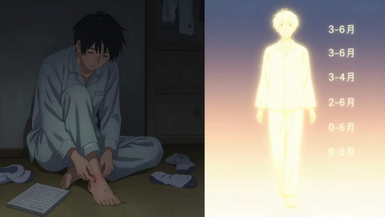 A patient checks their foot for injury while a glowing version of themselves heals, showing recovery from nerve damage.