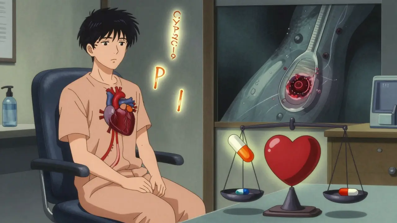 A patient in a doctor’s office, one side healthy with glowing heart, the other shadowed with clot, floating kanji symbols of enzyme and PPI.
