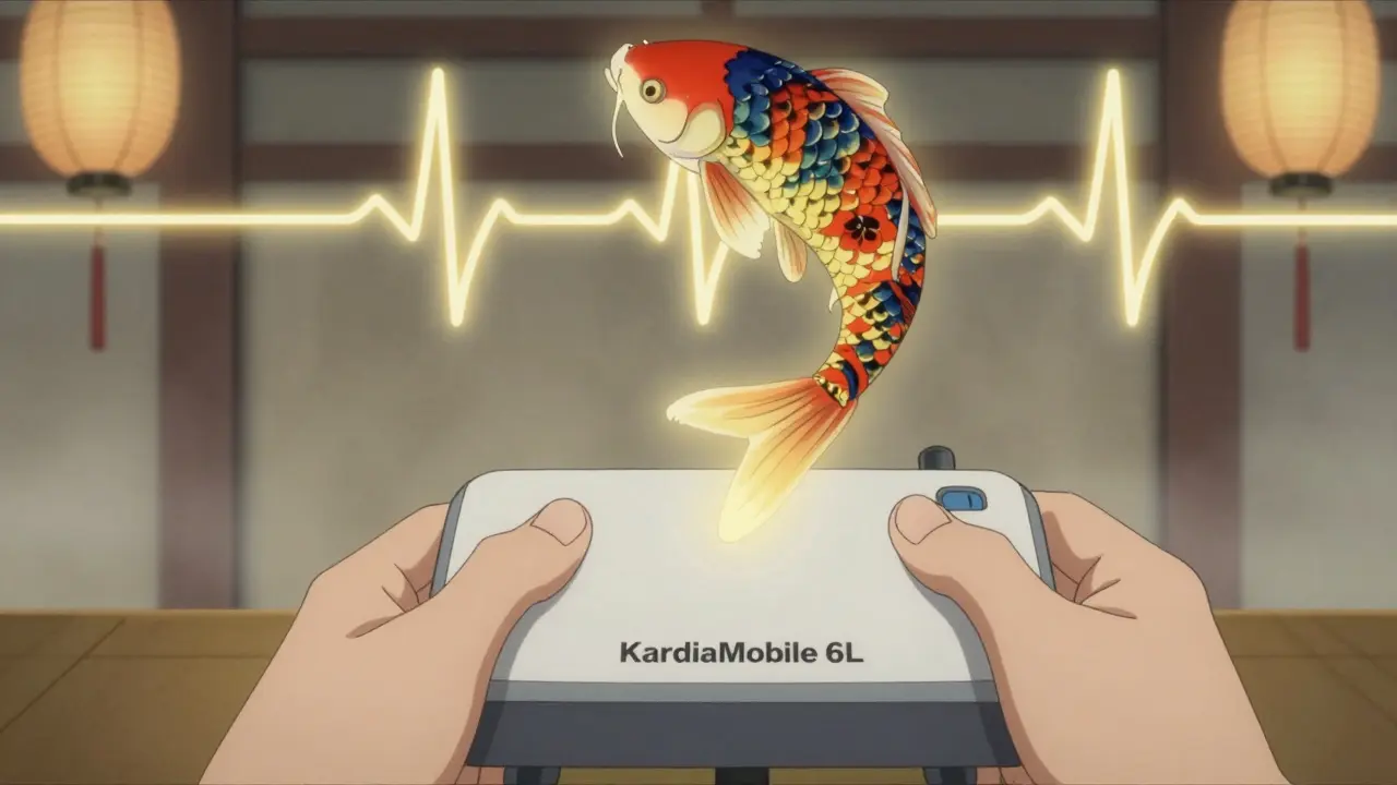 A person using the KardiaMobile 6L device with a multi-lead ECG waveform shaped like a glowing koi fish rising above their hands.